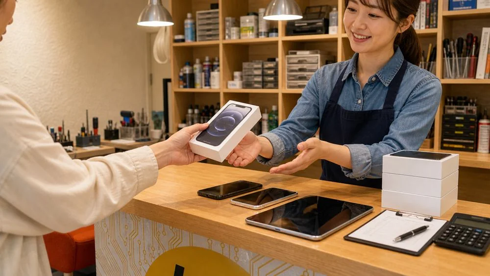 カウンターでスマートフォンを受け取る買取相談の風景