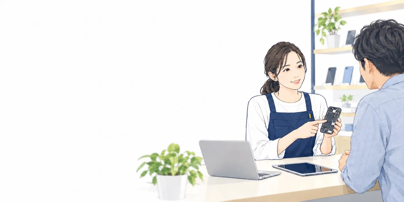 スマートフォンの修理を丁寧に案内するスタッフのイラスト